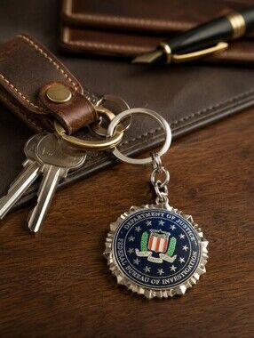 Vintage FBI Department of Justice Seal Enamel Keychain Silver Tone